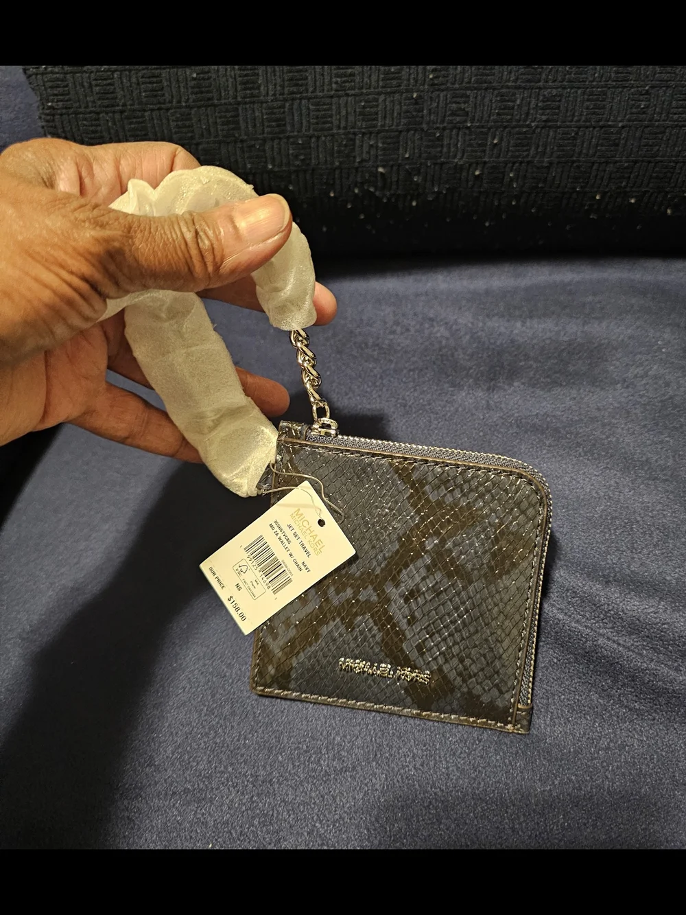 Michael Kors Navy Blue Snakeskin Patent Card Holder Wallet with Chain NWT
